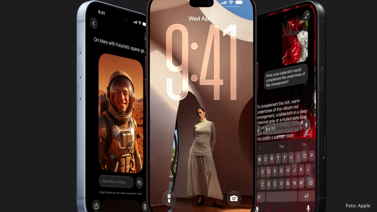Três smartphones lado a lado exibindo telas com acesso à câmera, digitação e recursos de tela de bloqueio, com destaque para a data 9:41 e números 9:41 em interface de iPhone 18 Pro.
