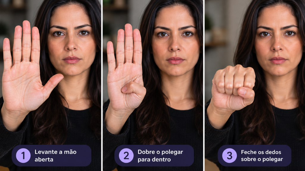 Sinal de socorro para violência doméstica: sequência com a mão mostrando como fazer o gesto — levante a mão aberta, dobre o polegar e feche os dedos sobre o polegar