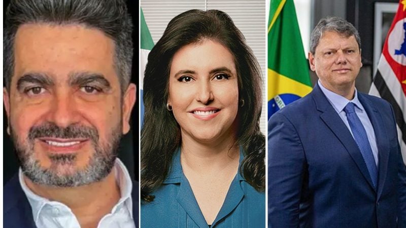 Colagem com três retratos em close de pessoas em ambiente institucional: homem com barba, mulher sorrindo de cabelo longo e homem em terno ao lado de bandeiras