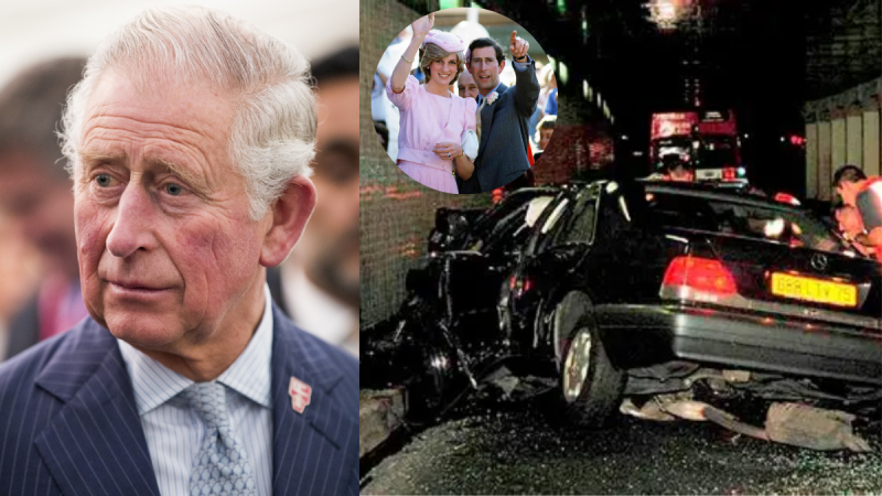 Montagem fotográfica dividida em três partes: à esquerda, um retrato do Rei Charles III; no centro, uma fotografia num círculo mostrando a Princesa Diana e o então Príncipe Charles a acenar; e à direita, a imagem do carro preto destruído após o acidente em Paris em 1997.