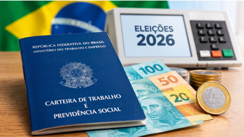 Uma Carteira de Trabalho e Previdência Social azul do Brasil pousada numa mesa de madeira, ao lado de notas de 100, 50 e 20 reais e moedas brasileiras. Ao fundo, vê-se uma urna eletrônica a exibir a mensagem ELEIÇÕES 2026 e a bandeira do Brasil desfocada.