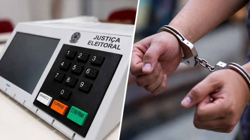 Imagem composta dividida ao meio: do lado esquerdo, vê-se em primeiro plano o painel e o teclado de uma urna eletrónica brasileira da Justiça Eleitoral com os botões "Branco", "Corrige" e "Confirma"; do lado direito, vê-se um par de mãos algemadas.