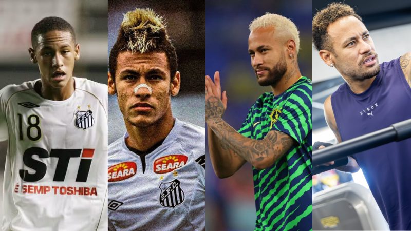 Montagem fotográfica composta por quatro imagens alinhadas lado a lado que ilustram a evolução do visual e da carreira do jogador de futebol brasileiro Neymar Jr.: na primeira foto, à esquerda, aparece em início de carreira no Santos FC, com cabelo raspado curto e uniforme branco; na segunda, durante a sua fase consagrada no Santos FC, exibe o seu famoso corte moicano descolorido e um penso no nariz; na terceira, surge num treino da Seleção Brasileira com o cabelo platinado, barba e camisola verde de treino; e, na última imagem, à direita, é mostrado num treino de ginásio mais recente, com cabelo curto encaracolado com luzes e uma t-shirt cava roxa.