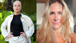 Montagem lado a lado com duas fotos: à esquerda, a apresentadora Xuxa Meneghel posa ao ar livre com cabelo loiro curto, brincos de argola dourados, blusa preta e casaco bege aberto com as mãos na cintura; à direita, uma selfie aproximada da ex-paquita Andréa Sorvetão, a sorrir suavemente com cabelo loiro longo e repicado em ambiente bem iluminado.