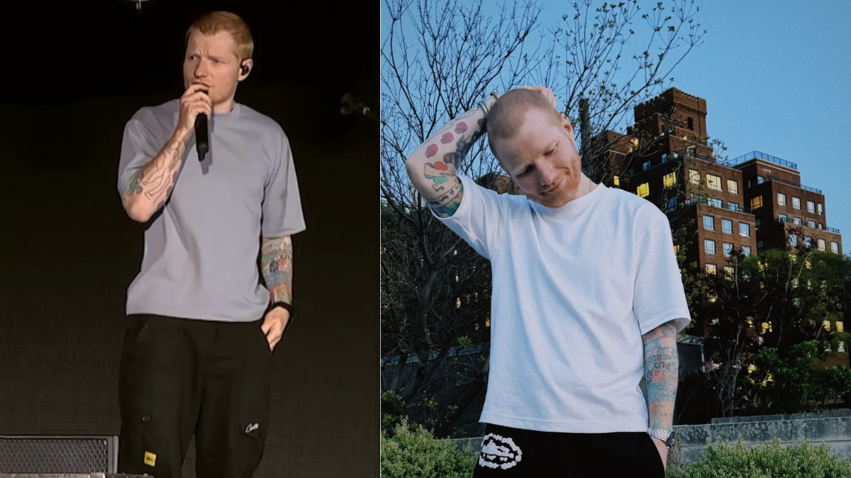 Uma imagem dividida ao meio mostra duas fotografias do cantor britânico Ed Sheeran com o cabelo rapado: à esquerda, ele segura um microfone no palco durante um concerto, vestindo uma t-shirt cinzenta de corte largo e calças pretas; à direita, ele sorri ao ar livre com a mão na cabeça, vestindo uma t-shirt branca, tendo ao fundo um edifício de tijolos vermelhos e vegetação.
