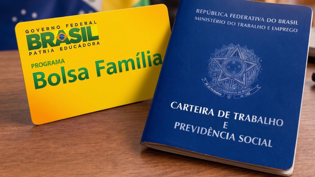 Foto sobre uma mesa de madeira com a Carteira de Trabalho azul em primeiro plano e o cartão amarelo do Bolsa Família ao lado, totalmente visível. Ao fundo, vê-se parte da bandeira do Brasil desfocada.