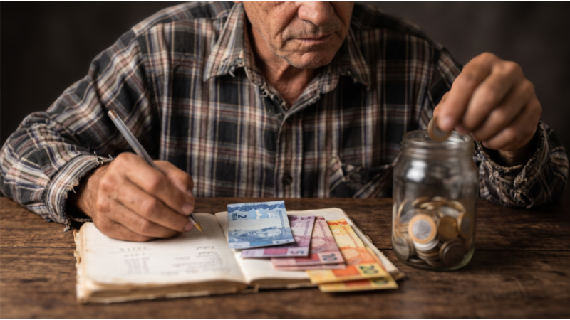 Um homem de camisa xadrez sentado a uma mesa de madeira, a escrever num caderno enquanto coloca moedas num frasco de vidro transparentes, tendo à sua frente várias notas de reais brasileiros.