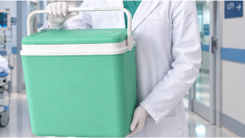 Profissional de saúde, vestindo bata branca e luvas de proteção, segura com as duas mãos uma caixa térmica de transporte de cor verde clara com tampa e pega brancas, num corredor hospitalar. Ao fundo, desfocado, avista-se um ambiente de cuidados médicos com uma placa indicativa na parede.