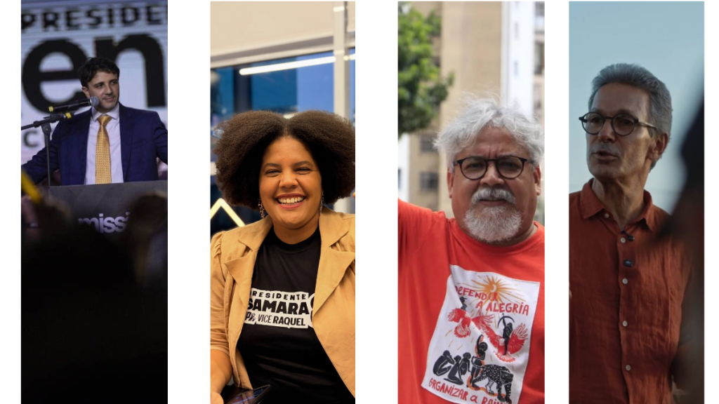 Imagem dividida em quatro painéis verticais com os pré-candidatos à presidência: Renan Santos a discursar num pódio; Samara Martins a sorrir com uma t-shirt política e casaco bege; Edmilson Costa com óculos e t-shirt vermelha estampada; e Romeu Zema com óculos e camisa avermelhada.