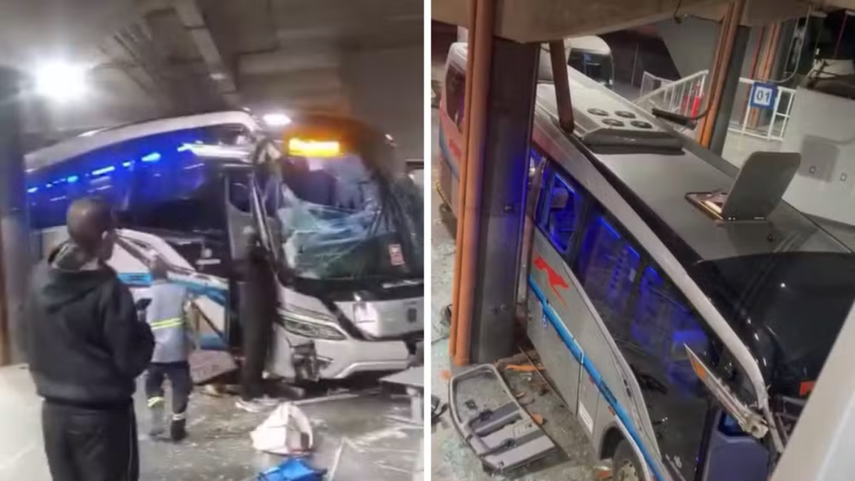 acidente na Rodoviária de Campinas mostra ônibus atingindo uma pilastra e equipes de resgate no local, com duas pessoas feridas