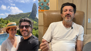 Imagem composta por duas fotos de Lito Sousa. À esquerda, Lito sorri ao lado da sua esposa numa paisagem tropical com o Morro do Pico (Fernando de Noronha) ao fundo. À direita, Lito aparece sentado numa poltrona de tratamento, vestindo uma t-shirt branca e com um microfone lapela na gola.