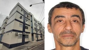 Suspeito de matar homem no BNH em Santos em foto divulgada: imagem mostra prédio do BNH e o rosto do homem procurado, com foco em prisão temporária.