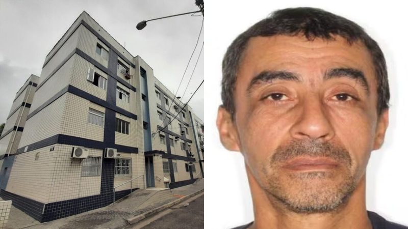 Suspeito de matar homem no BNH em Santos em foto divulgada: imagem mostra prédio do BNH e o rosto do homem procurado, com foco em prisão temporária.