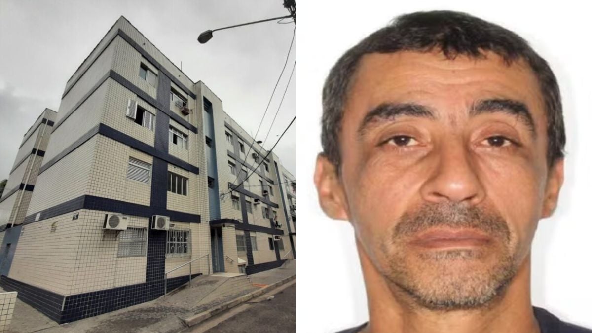 Suspeito de matar homem no BNH em Santos em foto divulgada: imagem mostra prédio do BNH e o rosto do homem procurado, com foco em prisão temporária.