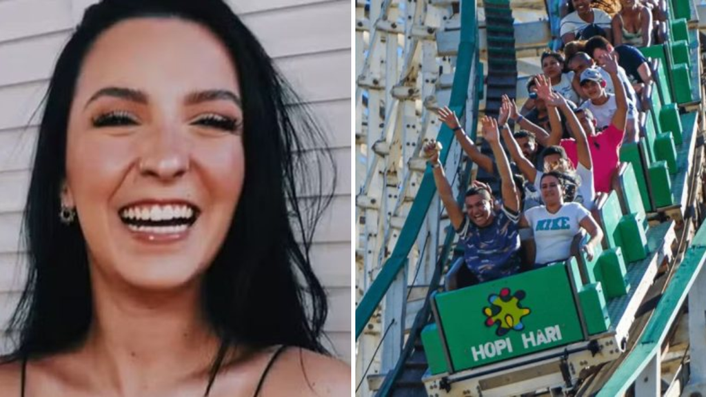 Imagem em colagem mostra uma jovem sorrindo em primeiro plano e, ao lado, pessoas em um brinquedo de parque de diversões na estrutura verde do Hopi Hari com placa "Hopi Hari" na plataforma.