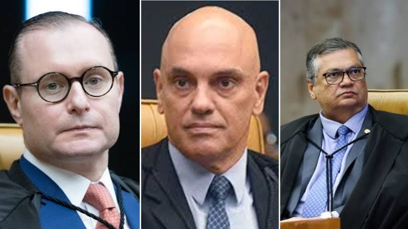 Três fotos em sequência de homens usando terno e óculos em ambiente institucional, com foco em expressões faciais e aparência de pronunciamento ou audiência.