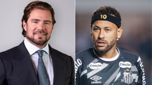 Neymar Vorcaro aparece em duas fotos lado a lado, com visual de entrevista e em campo, em matéria sobre negação de fake news sobre suposta relação de seu pai com Daniel Vorcaro.