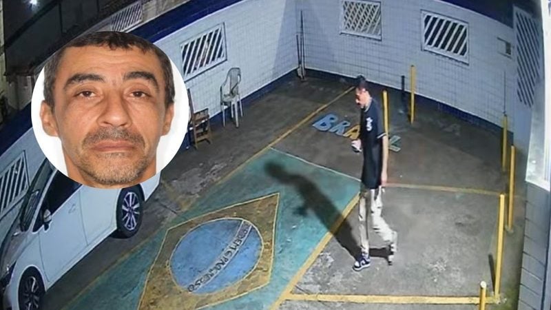 Frame de vídeo de segurança em área interna do BNH em Santos, mostrando um homem com camisa escura próximo a uma faixa amarela, com círculo indicando pessoa em destaque; homem esfaqueado BNH Santos