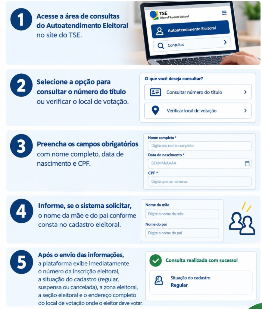 Infográfico com o passo a passo ilustrado para consultar o título de eleitor e o local de votação no site do Tribunal Superior Eleitoral (TSE). A imagem é dividida em 5 etapas numeradas de 1 a 5, com fundo azul-claro e detalhes em azul-escuro.