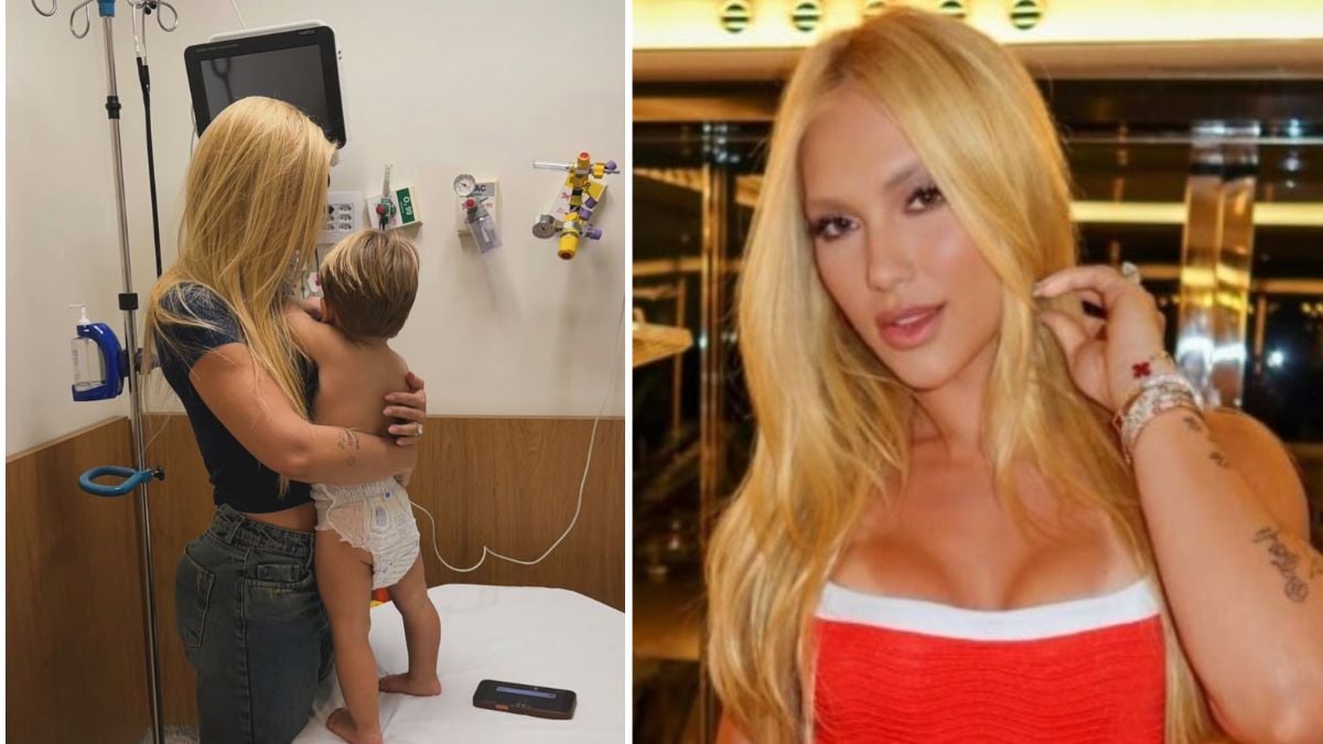 Foto dividida: à esquerda, uma mulher loira em ambiente hospitalar interage com uma criança em uma maca; à direita, retrato de uma mulher loira em ambiente interno.