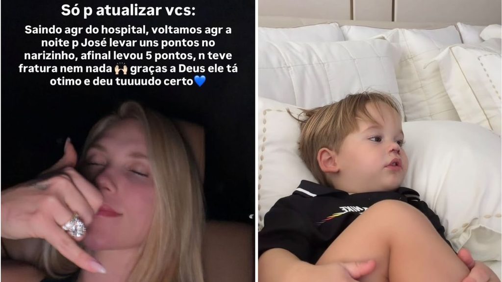 Foto em duas partes mostrando um bebê dormindo no colo de uma mãe e, à direita, o mesmo bebê acordado sobre um travesseiro em uma cama. Texto na imagem em português.