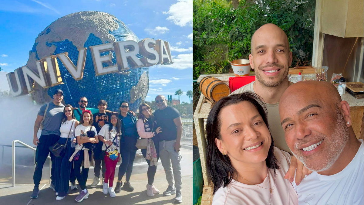 Montagem de duas fotografias do cantor sertanejo Rick com a sua família. À esquerda, um grupo de nove pessoas posa sorridente em frente ao famoso globo da Universal Studios num dia ensolarado. À direita, uma selfie em plano aproximado mostra o cantor Rick, sorridente e com barba grisalha, ao lado da filha Mônica e do seu filho Victor, num ambiente ao ar livre.