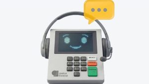 Telefone de atendimento da Justiça Eleitoral com fone de ouvido e mensagem no visor, em fundo claro, representando suporte e comunicação institucional