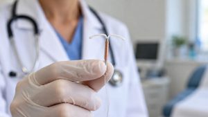 Médico em clínica segura um DIU hormonal com procedimento de saúde reprodutiva, com ambiente desfocado ao fundo, imagem gerada por IA