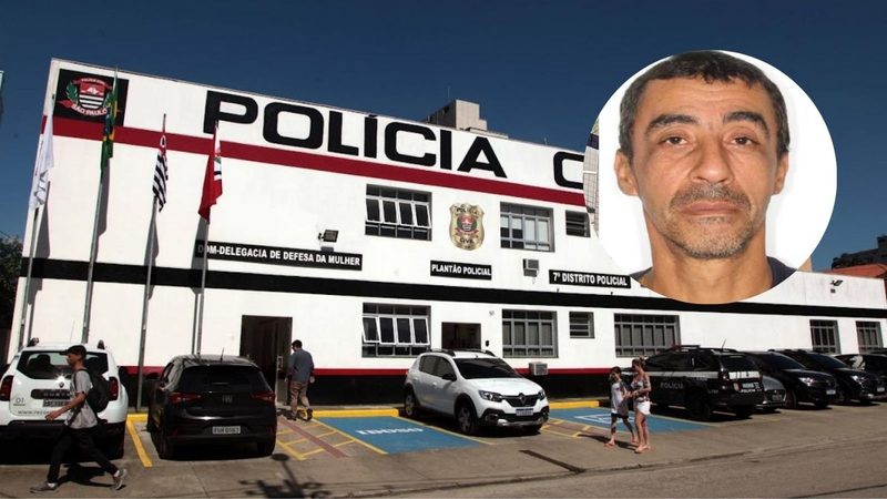 suspeito de matar homem no BNH de Santos se entrega à Polícia Civil em frente ao prédio da polícia, com imagem do suspeito circulada