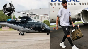Uma montagem dividida em duas partes. Do lado esquerdo, vê-se um helicóptero preto e cinzento estacionado numa pista de pouso, com o detalhe circular no canto superior mostrando o cantor Rick no palco a cantar. Do lado direito, o jogador Neymar caminha numa pista ao lado de um avião, usando uma t-shirt branca, calções pretos, boné, óculos de sol e a carregar uma mala.