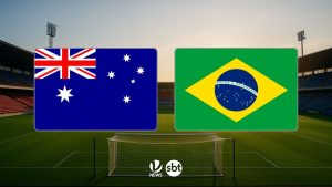 Austrália x Brasil: onde assistir ao amistoso mostra o escudo da Austrália e o da seleção brasileira em um estádio de futebol com gol ao fundo
