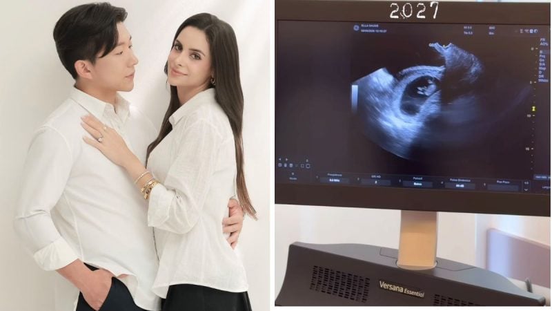 Imagem em composição: Pyong Lee e Natália Nasser em ensaio romântico de mãos dadas e, ao lado, ultrassom exibido em monitor de ecografia com a indicação “2027” no topo e aparelho ultrassom