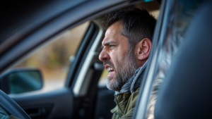 Homem com barba e expressão de dor ou desconforto ao lado do carro, segurando o pescoço e com a boca entreaberta, sugerindo possível incômodo ao sair do veículo