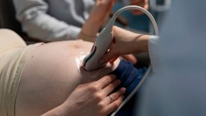 Exame durante ultrassom na gravidez, com transdutor aplicado na barriga e gel visível, enquanto o profissional segura o equipamento; ilustra busca por congelamento de óvulos entre mulheres.