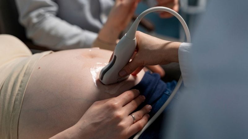 Exame durante ultrassom na gravidez, com transdutor aplicado na barriga e gel visível, enquanto o profissional segura o equipamento; ilustra busca por congelamento de óvulos entre mulheres.