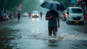 Chuvas intensas aumentam o risco de leptospirose na Baixada Santista: homem caminha em rua alagada com guarda-chuva em dia de temporal