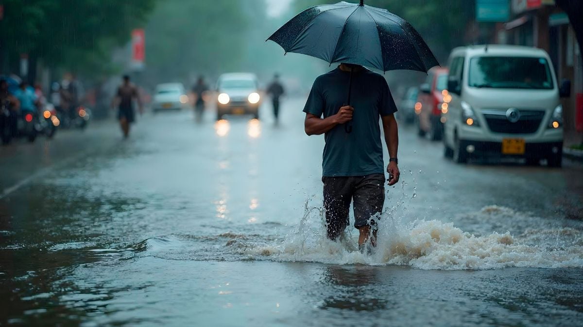 Chuvas intensas aumentam o risco de leptospirose na Baixada Santista: homem caminha em rua alagada com guarda-chuva em dia de temporal
