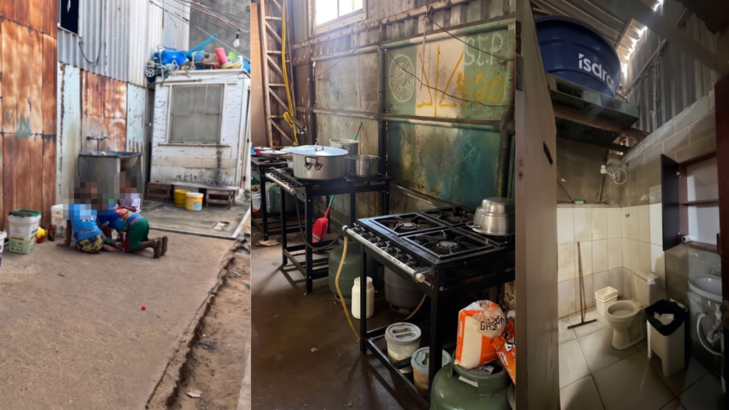 Cozinha industrial e área de serviço com fogão industrial, panelas, utensílios e materiais de limpeza em ambiente de galpão, com piso e paredes desgastados.