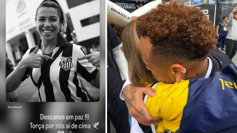 Colagem de fotos, à esquerda Naty Potira com a camiseta do Santos em branco e preto. A direita, Naty abraça Neymar no campo de futebol