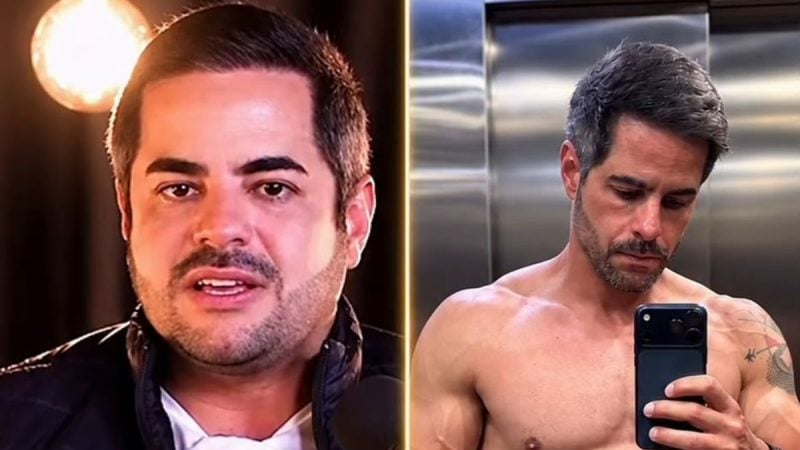 Colagem de fotos. A esquerda, Kaká Diniz aparece mais jovem e com 92kg. À direita, o empresário aparece com 20 kg a menos