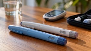Canetas de aplicação de insulina e semaglutida para diabetes sobre uma mesa, com dispositivo de controle ao fundo; imagem gerada por IA.