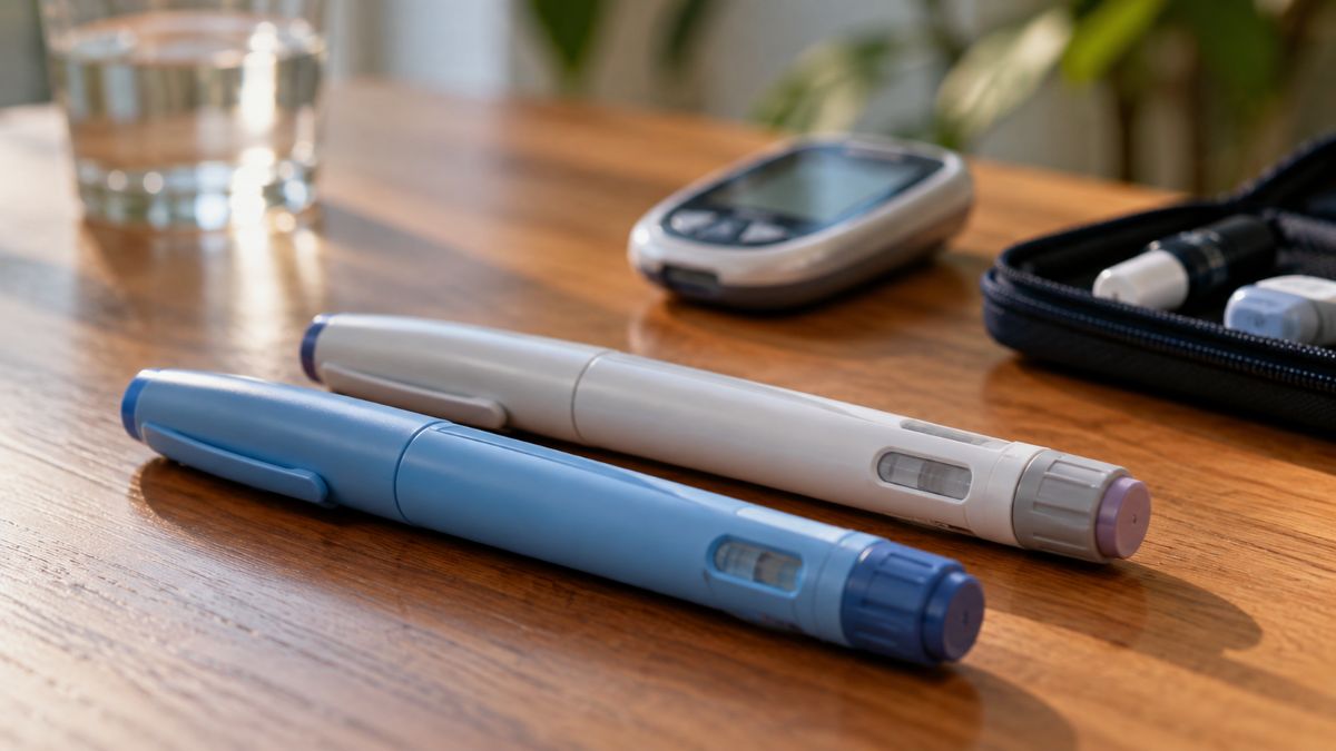 Canetas de aplicação de insulina e semaglutida para diabetes sobre uma mesa, com dispositivo de controle ao fundo; imagem gerada por IA.