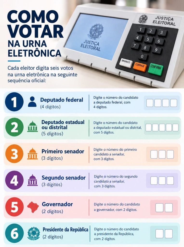 Infográfico explicativo da Justiça Eleitoral sobre como votar na urna eletrónica, ilustrando a sequência oficial de seis votos:
Deputado federal: 4 dígitos
Deputado estadual ou distrital: 5 dígitos
Primeiro senador: 3 dígitos
Segundo senador: 3 dígitos
Governador: 2 dígitos
Presidente da República: 2 dígitos