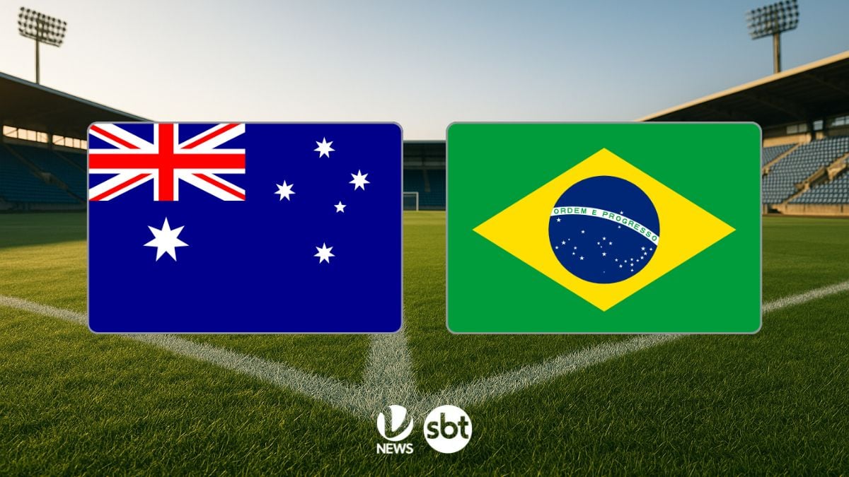 Austrália x Brasil: onde assistir ao amistoso mostra o escudo da Austrália e o da seleção brasileira em um estádio de futebol com gol ao fundo