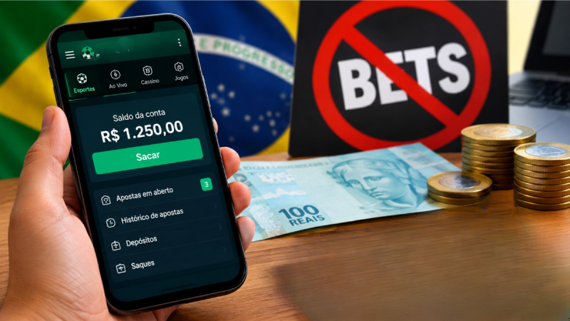 Celular exibe saldo de R$ 1.250 e opção de saque em plataforma de apostas, ao lado de moedas, cédula de R$ 100 e símbolo de proibição das bets ao fundo.