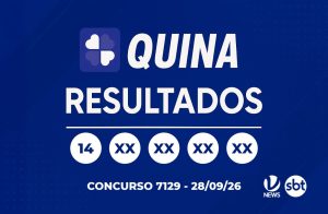 Quina 7129: Imagem de banner azul com o título “QUINA RESULTADOS”, indicação “CONCURSO 7129 - 28/09/26” e cinco bolinhas com resultados “XX”
