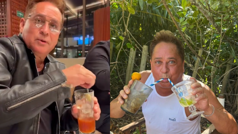 Montagem com duas fotos do cantor sertanejo Leonardo bebendo bebidas com gelo em ambientes diferentes.