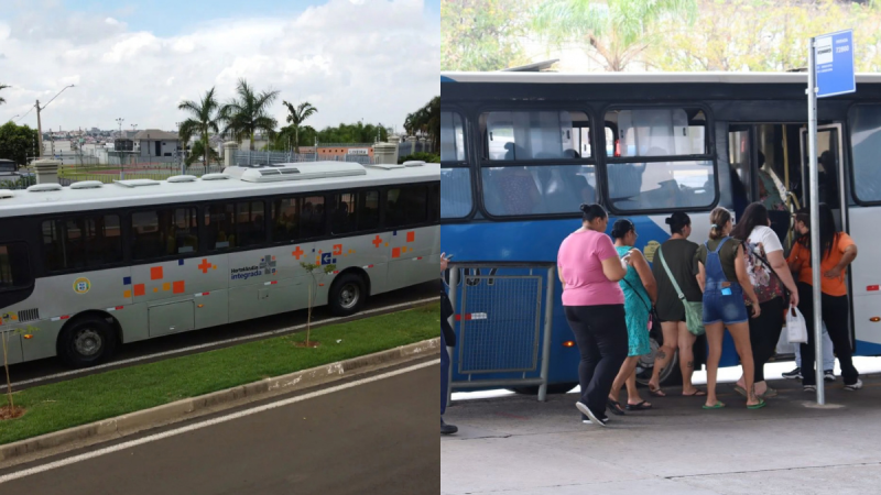 Ônibus coletivo estacionados na rua e passageiros embarcando pela porta, em ambiente urbano com área verde ao fundo. Visão lateral e frontal do transporte público.
