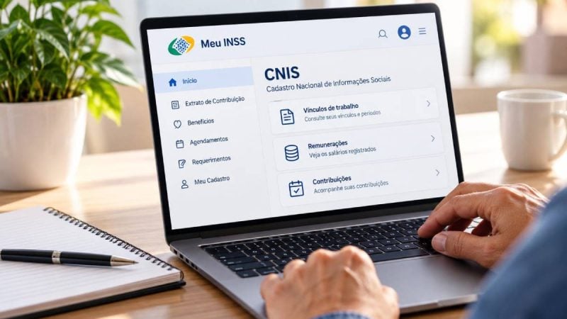 Pessoa consultando o extrato do CNIS para conferir vínculos de emprego, salários e contribuições previdenciárias