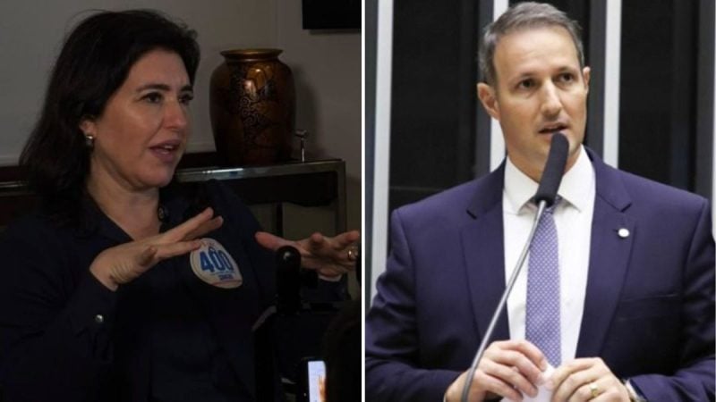 Imagem em duas partes: à esquerda, Simone Tebet em entrevista com crachá; à direita, Guilherme Derrite em discurso ao microfone, usando terno e gravata.